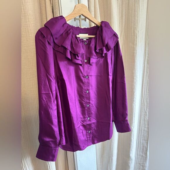 J. Crew Collection Blouse Women's XS Purple Ruffled Silk Button Down Preppy - Picture 2 of 7